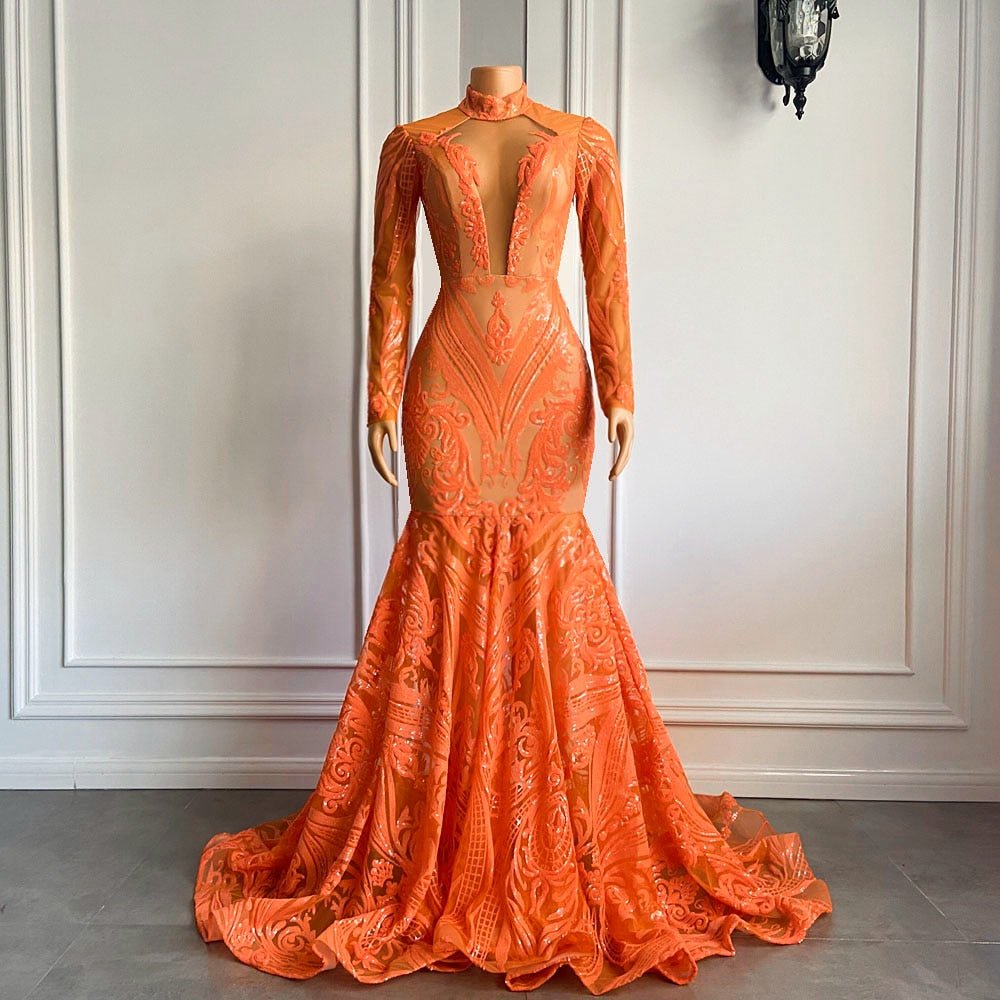 Long Sleeve Orange Sequin Girls Mermaid Real Prom Gala Party Gowns - LiveTrendsX