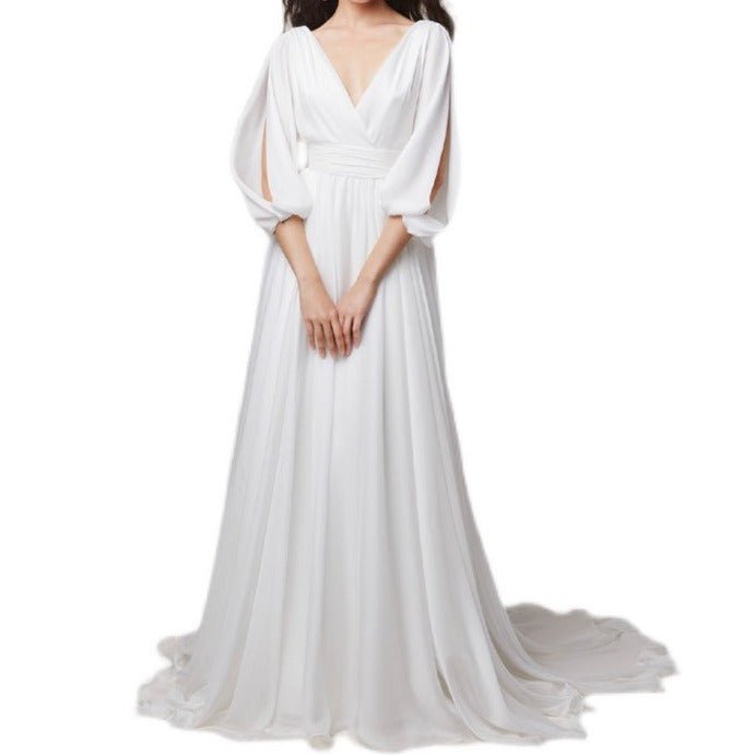 Long Sleeve Tail Satin Wedding Dress - LiveTrendsX
