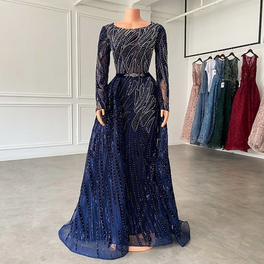 Long Sleeve Women Navy Blue Formal Evening Party Gowns With Train - LiveTrendsX