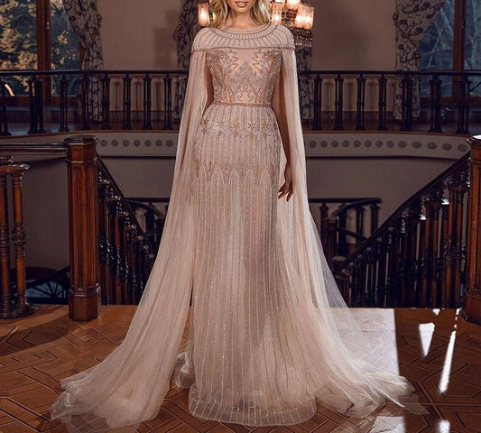 Luxury Gold Mermaid Dubai Evening Dress with Cape - LiveTrendsX