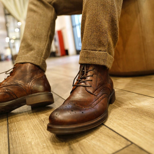 Men's brogue high top casual leather shoes carved martin boots - LiveTrendsX