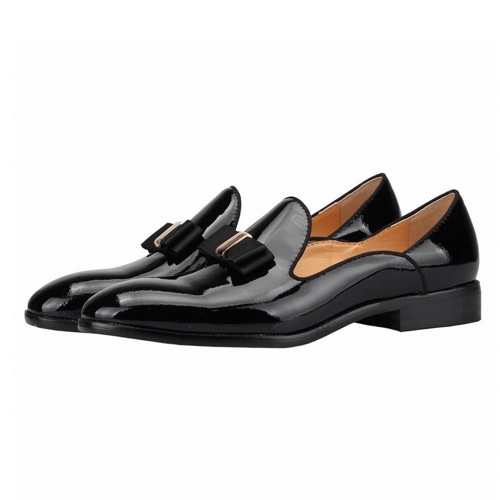 Mens Loafers shoes bow tie Black Patent leather Slip - LiveTrendsX