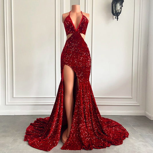 Mermaid High Slit Halter Sparkly Red Sequin Girls Prom Gala Party Gowns - LiveTrendsX
