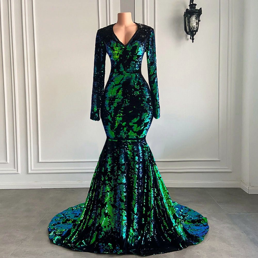 Mermaid Long Sleeve V - neck Sparkly Black and Green Prom Gowns - LiveTrendsX