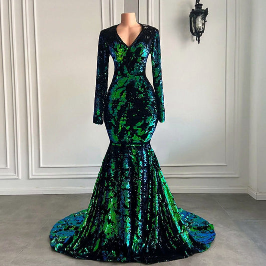 Mermaid Long Sleeve V - neck Sparkly Black and Green Prom Gowns - LiveTrendsX
