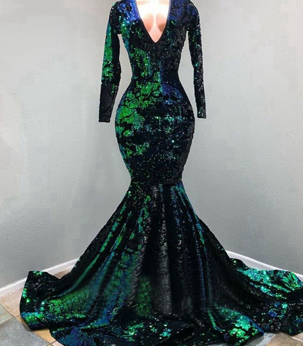 Mermaid Long Sleeve V - neck Sparkly Black and Green Prom Gowns - LiveTrendsX