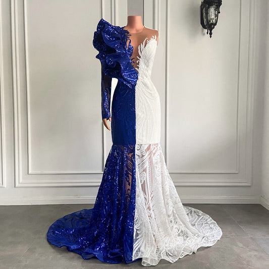 Mermaid O - neck Single Long Sleeve Royal Blue And White Sequin Prom Gowns - LiveTrendsX