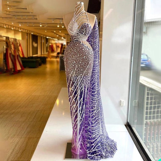 Mermaid Prom Dresses Halter Sequins One Shoulder Evening Dress - LiveTrendsX