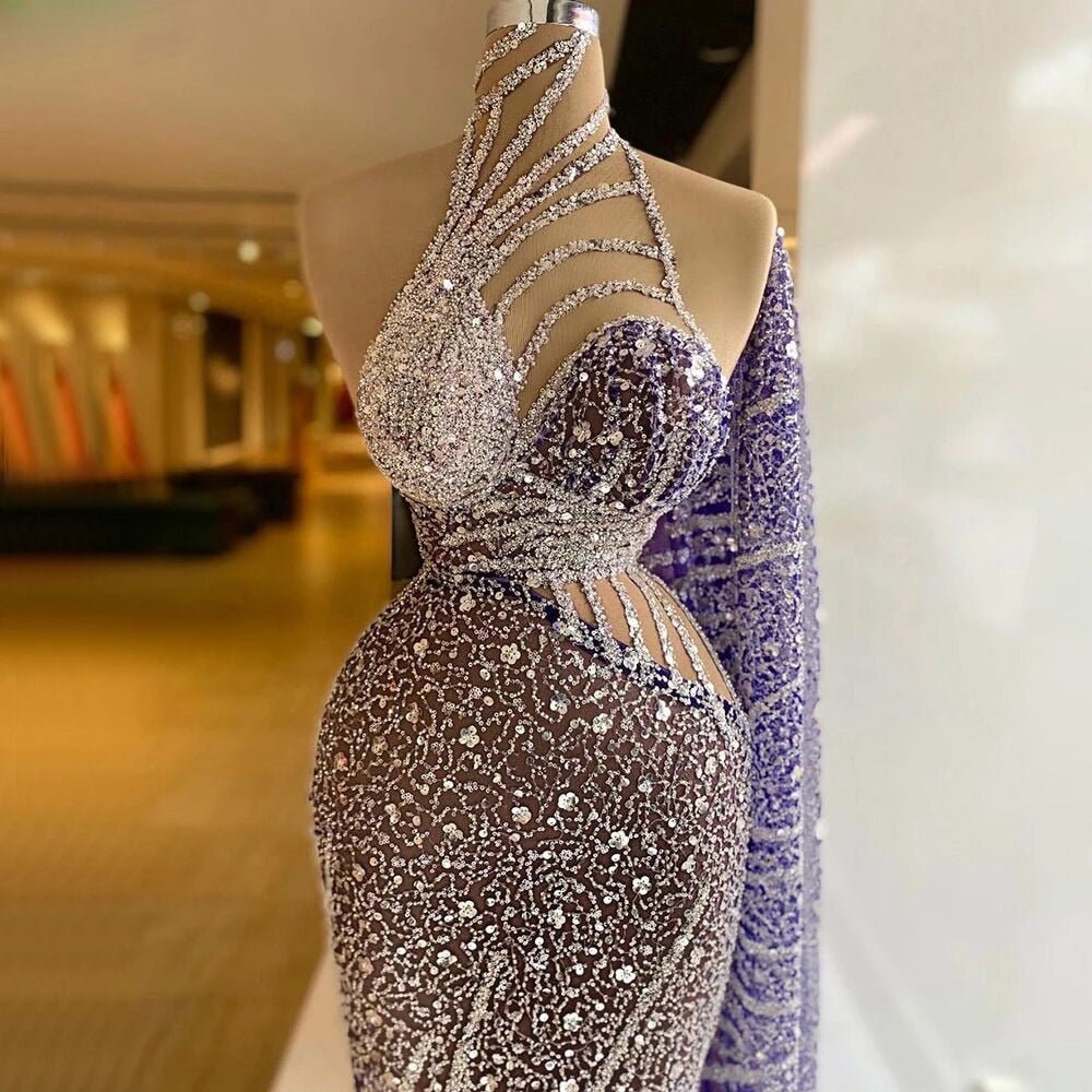 Mermaid Prom Dresses Halter Sequins One Shoulder Evening Dress - LiveTrendsX