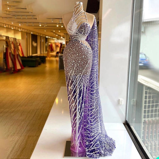 Mermaid Prom Dresses Halter Sequins One Shoulder Evening Dress - LiveTrendsX