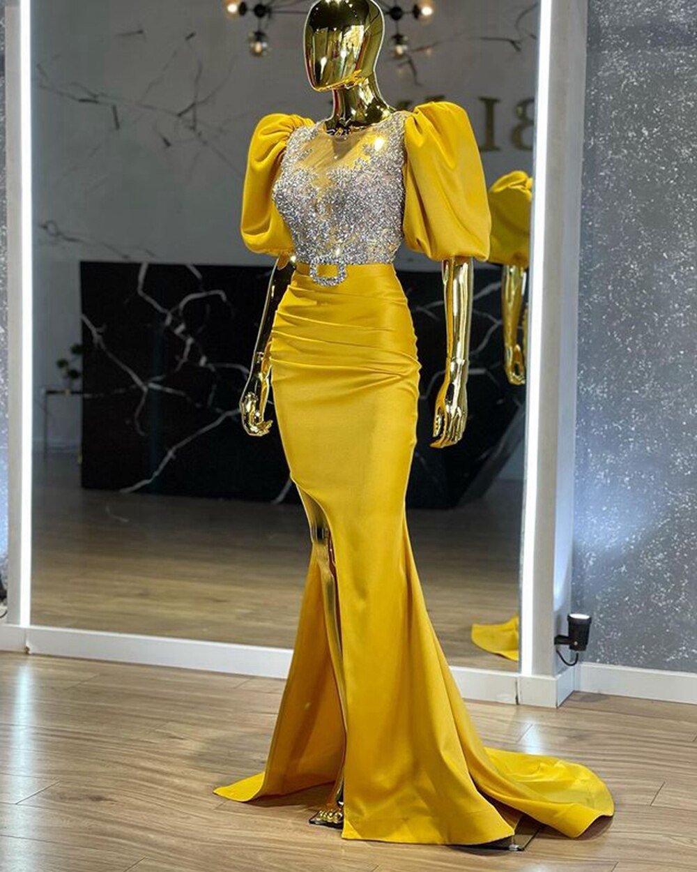 Mermaid Puffy Short Sleeves Crystals Women Formal Evening Gowns - LiveTrendsX