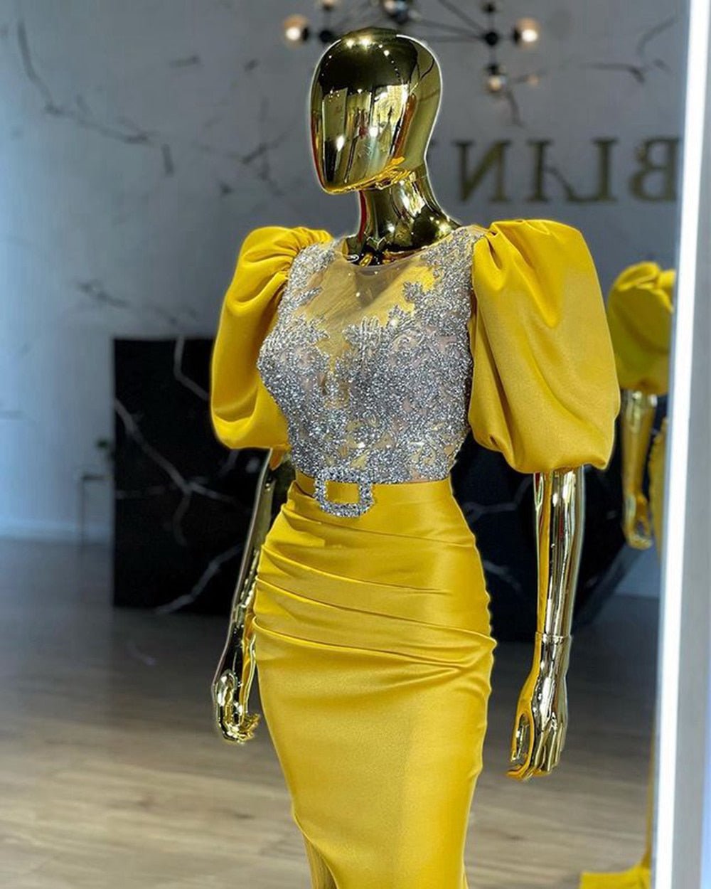 Mermaid Puffy Short Sleeves Crystals Women Formal Evening Gowns - LiveTrendsX