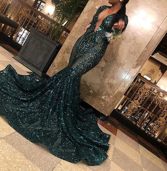 Mermaid Sheer Sparkly Emerald Green Sequined Girls Party Gowns - LiveTrendsX