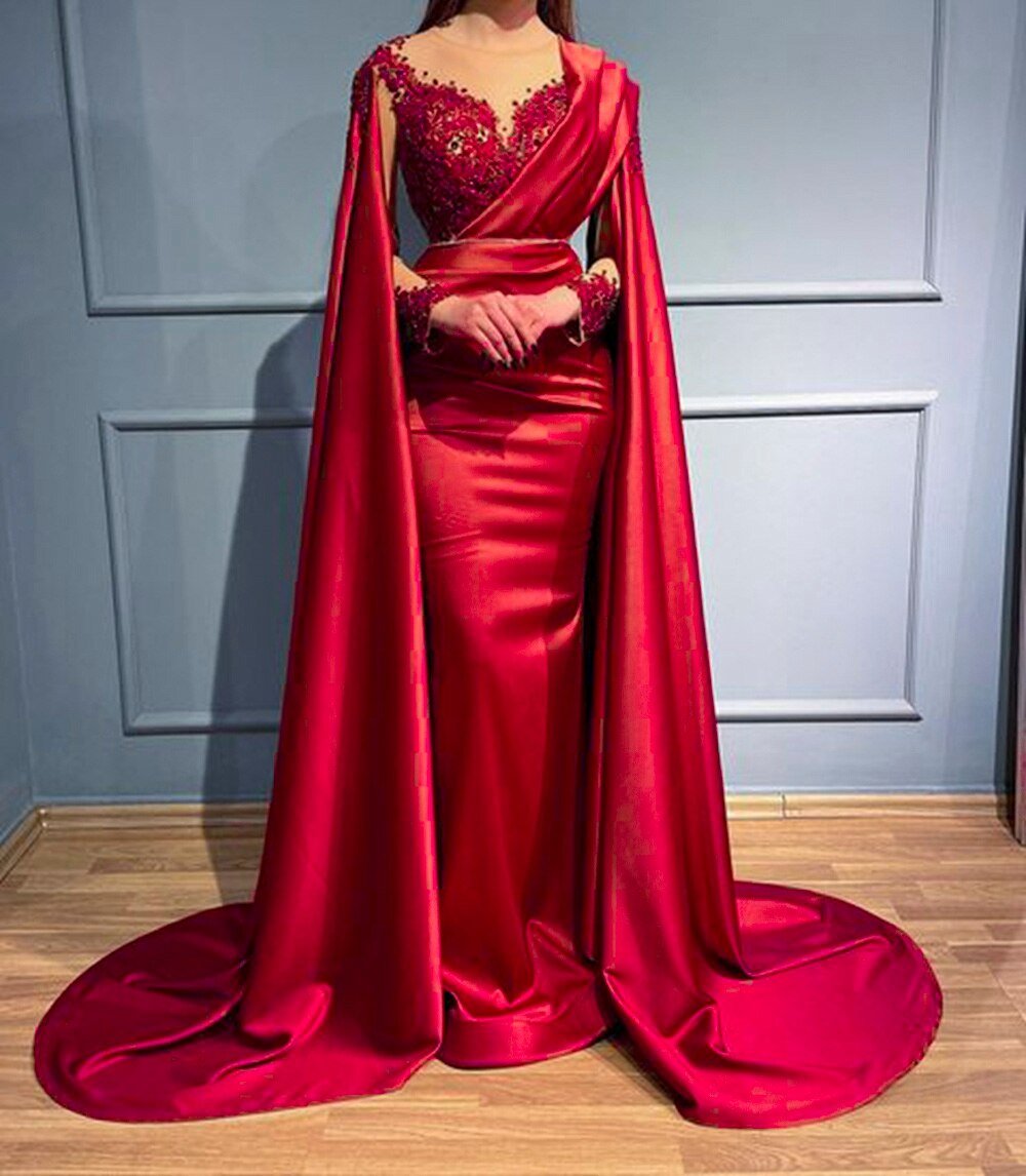 Mermaid Style Dubai Women Red Satin Formal Evening Party Gowns - LiveTrendsX