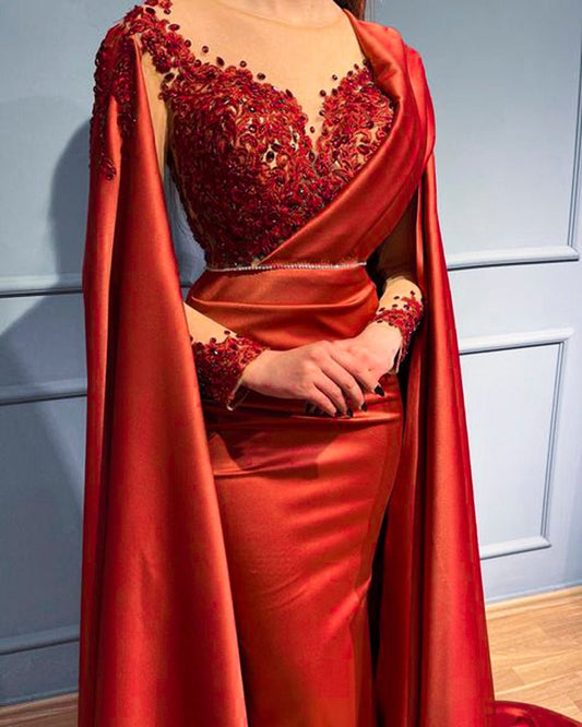 Mermaid Style Dubai Women Red Satin Formal Evening Party Gowns - LiveTrendsX