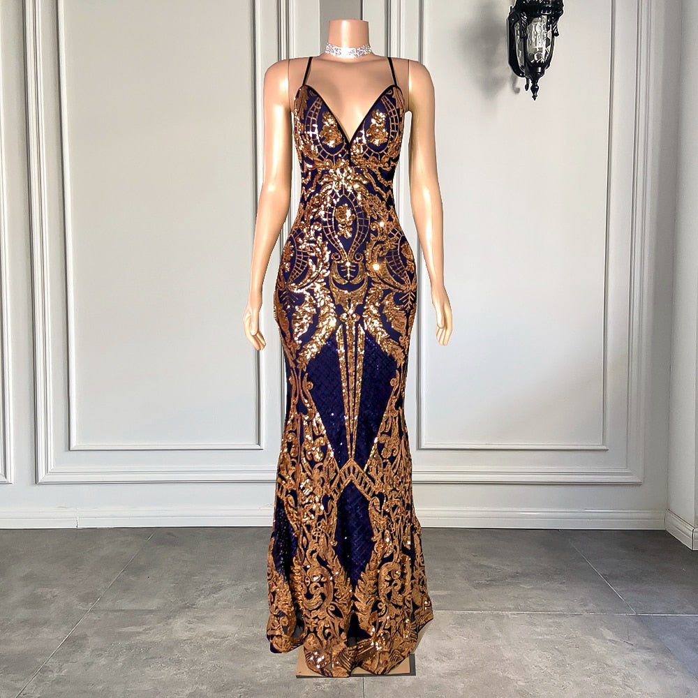 Mermaid Style Elegant Fitted Blue and Gold Prom Gala Gowns - LiveTrendsX