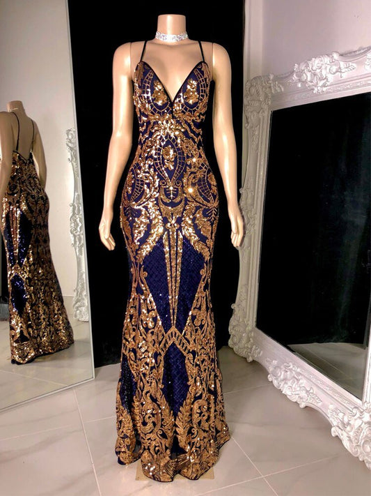 Mermaid Style Elegant Fitted Blue and Gold Prom Gala Gowns - LiveTrendsX