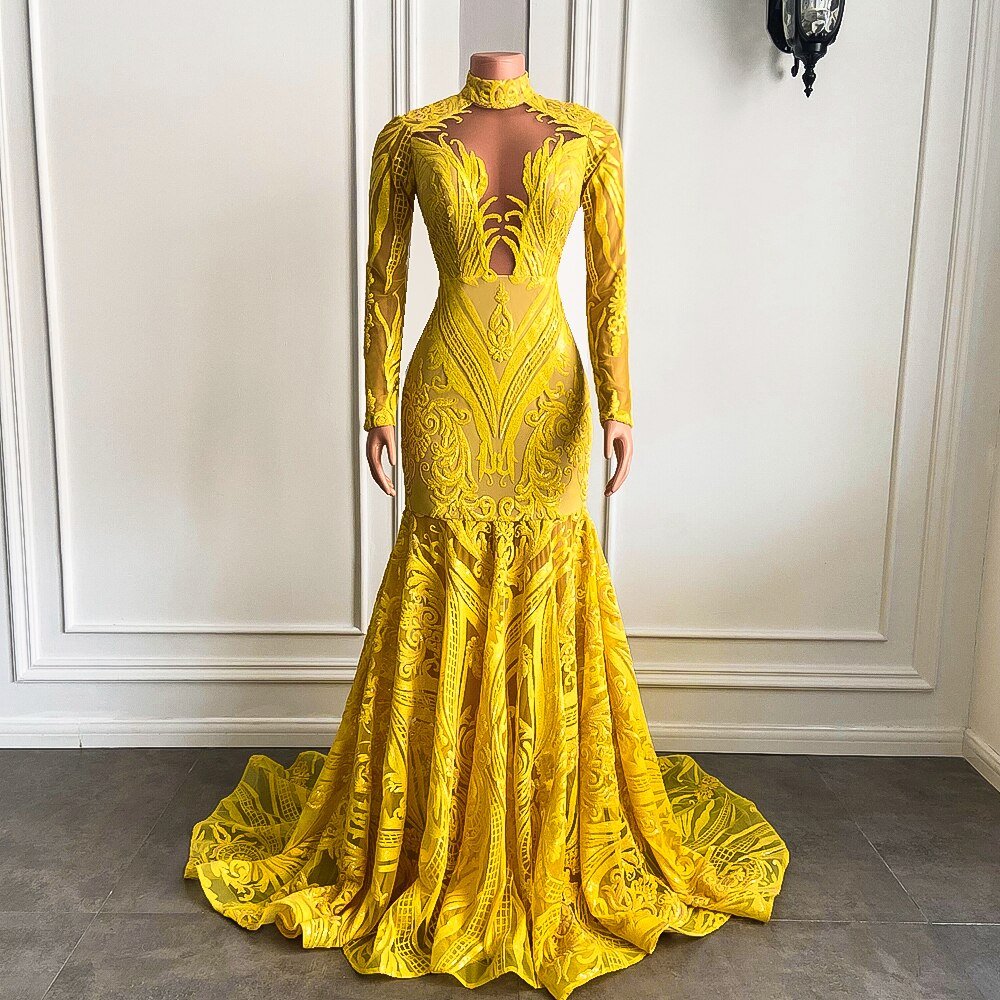 Mermaid Style Long Sleeve High Neck Yellow Sequin Long Prom Dresses - LiveTrendsX