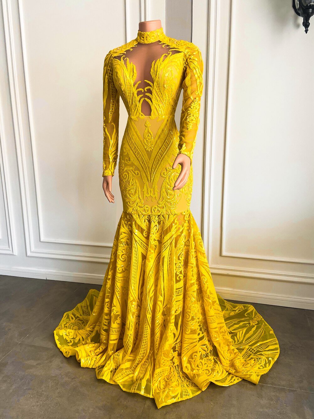 Mermaid Style Long Sleeve High Neck Yellow Sequin Long Prom Dresses - LiveTrendsX