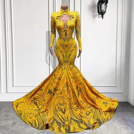 Mermaid Style Long Sleeve High Neck Yellow Sequin Long Prom Dresses - LiveTrendsX