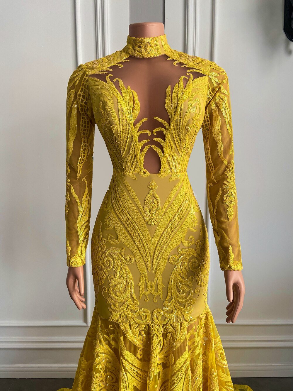 Mermaid Style Long Sleeve High Neck Yellow Sequin Long Prom Dresses - LiveTrendsX