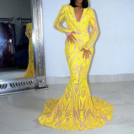 Mermaid Style Sparkly Yellow Sequin Black Girls Prom Gala Party Gowns - LiveTrendsX