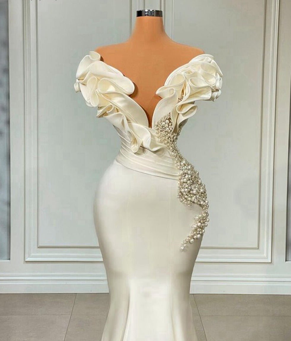 Mermaid V - neck Beaded White Satin Women Formal Evening Gowns - LiveTrendsX