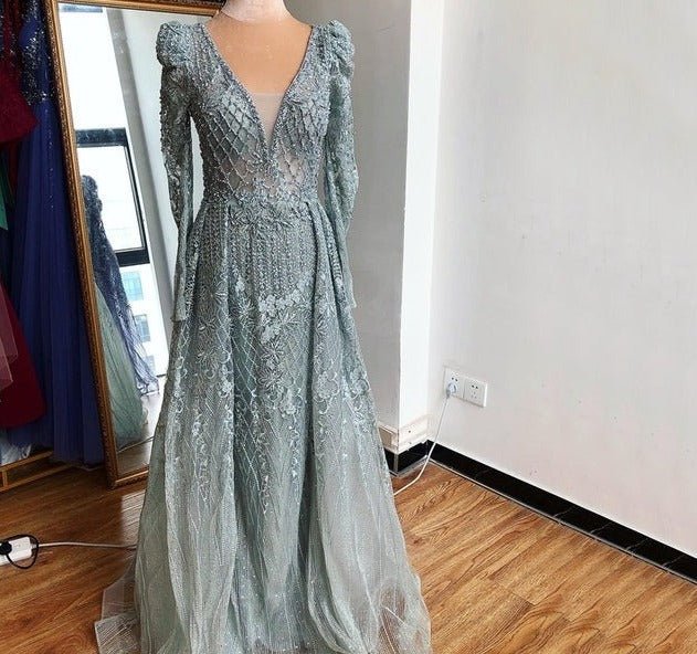 Mermaid V - Neck Long Sleeves Beading Crystal Formal Dress - LiveTrendsX