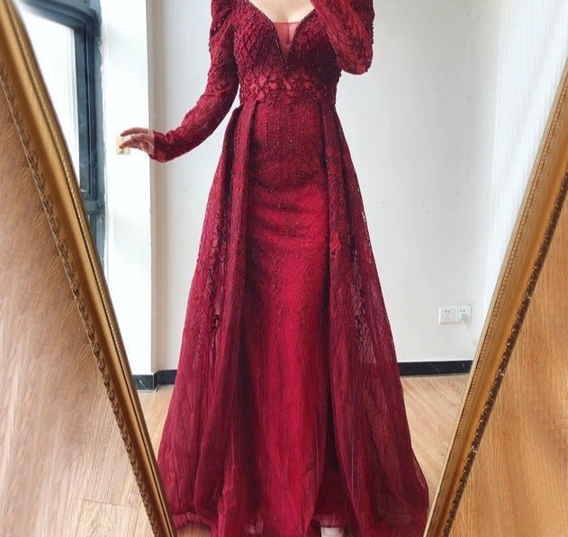 Mermaid V - Neck Long Sleeves Beading Crystal Formal Dress - LiveTrendsX