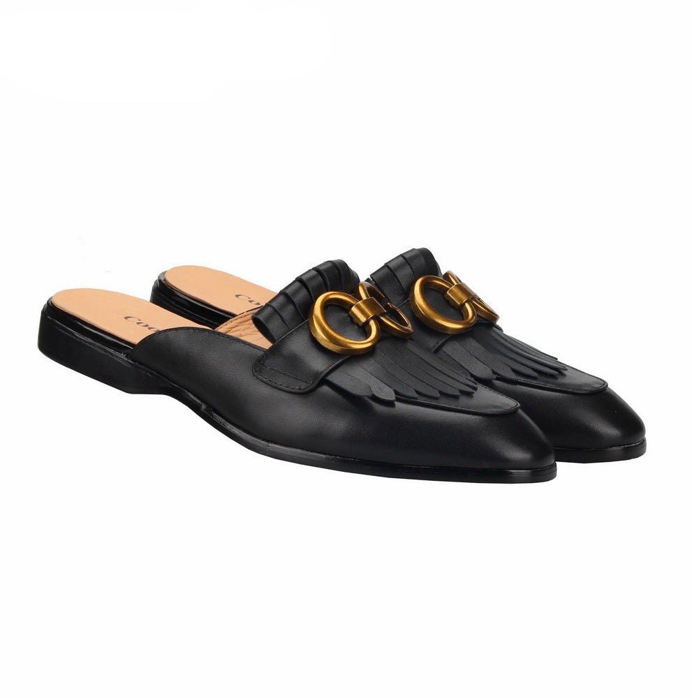 Metal Buckle Black Genuine Leather Loafers Men Slipper - LiveTrendsX