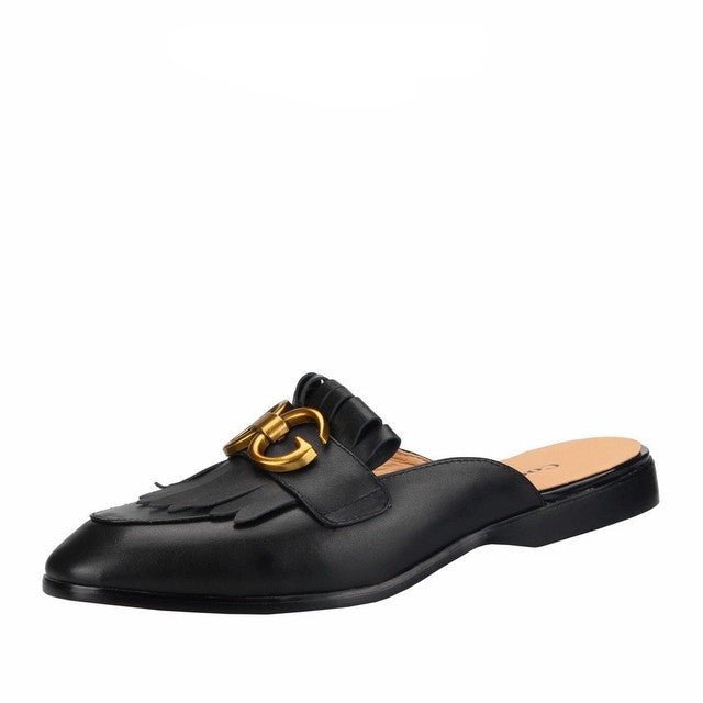 Metal Buckle Black Genuine Leather Loafers Men Slipper - LiveTrendsX