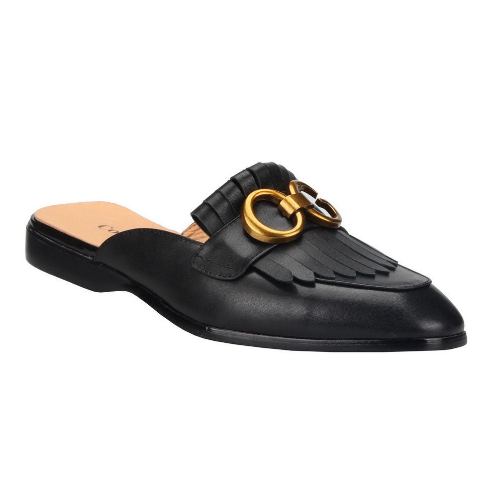 Metal Buckle Black Genuine Leather Loafers Men Slipper - LiveTrendsX