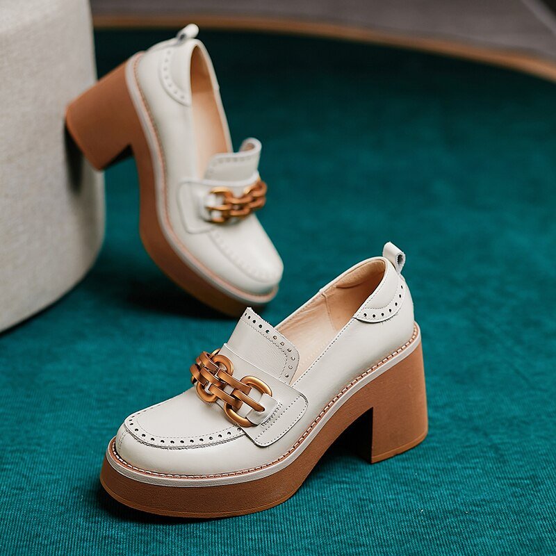 Metal Chain Square Toe British Style Female Shoes - LiveTrendsX