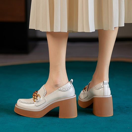 Metal Chain Square Toe British Style Female Shoes - LiveTrendsX