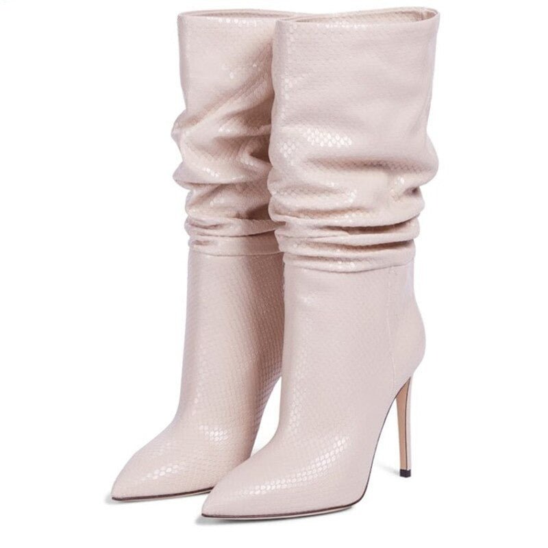 Mid Calf Boots Femme Pointed Toe High Heels Knight Boots - LiveTrendsX