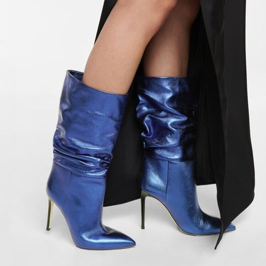 Mid Calf Boots Femme Pointed Toe High Heels Knight Boots - LiveTrendsX