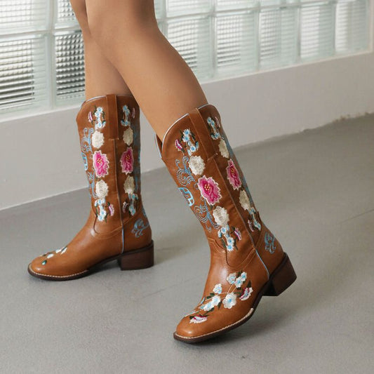 Mid Calf Boots For Women Cowboy Boots Chunky Heel - LiveTrendsX