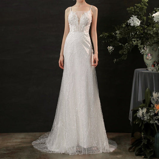 Minimalist beaded lace suspenders small tail open back light wedding dress - LiveTrendsX