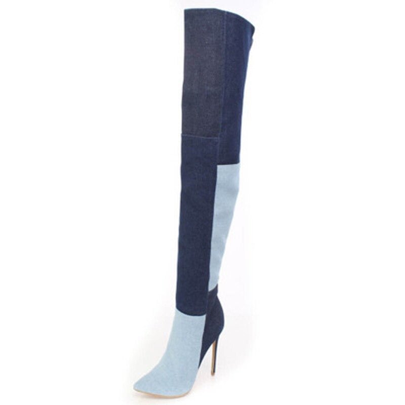 Mixed Color Women Over The Knee Denim Boots High Heels Party Shoes - LiveTrendsX