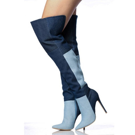 Mixed Color Women Over The Knee Denim Boots High Heels Party Shoes - LiveTrendsX