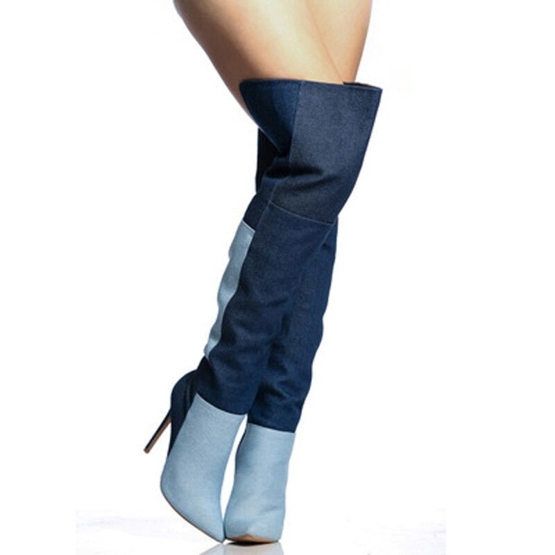 Mixed Color Women Over The Knee Denim Boots High Heels Party Shoes - LiveTrendsX