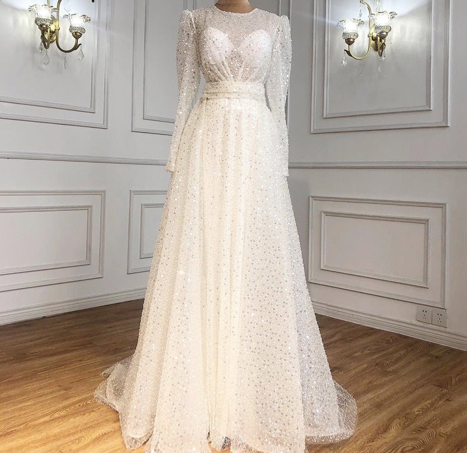 Muslim Ivory With Train Wedding Dresses Beading - LiveTrendsX