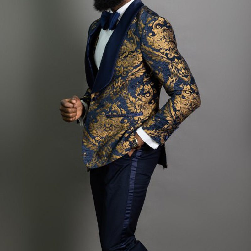 Navy Blue Floral Jacquard Prom Men Suits for Wedding - LiveTrendsX