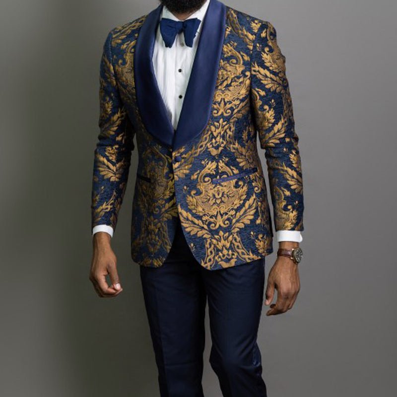 Navy Blue Floral Jacquard Prom Men Suits for Wedding - LiveTrendsX