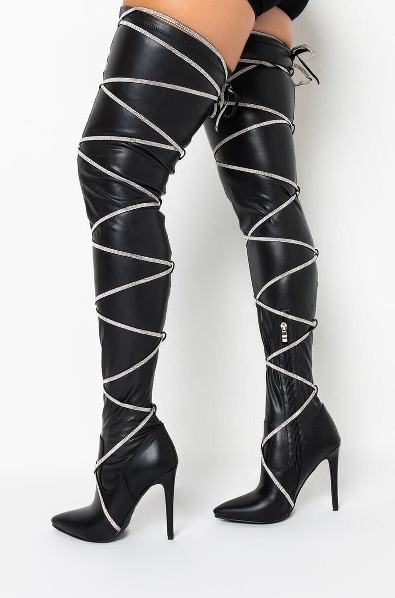New Diamond Cross - Tied Pointed Toe Over knee Boots - LiveTrendsX