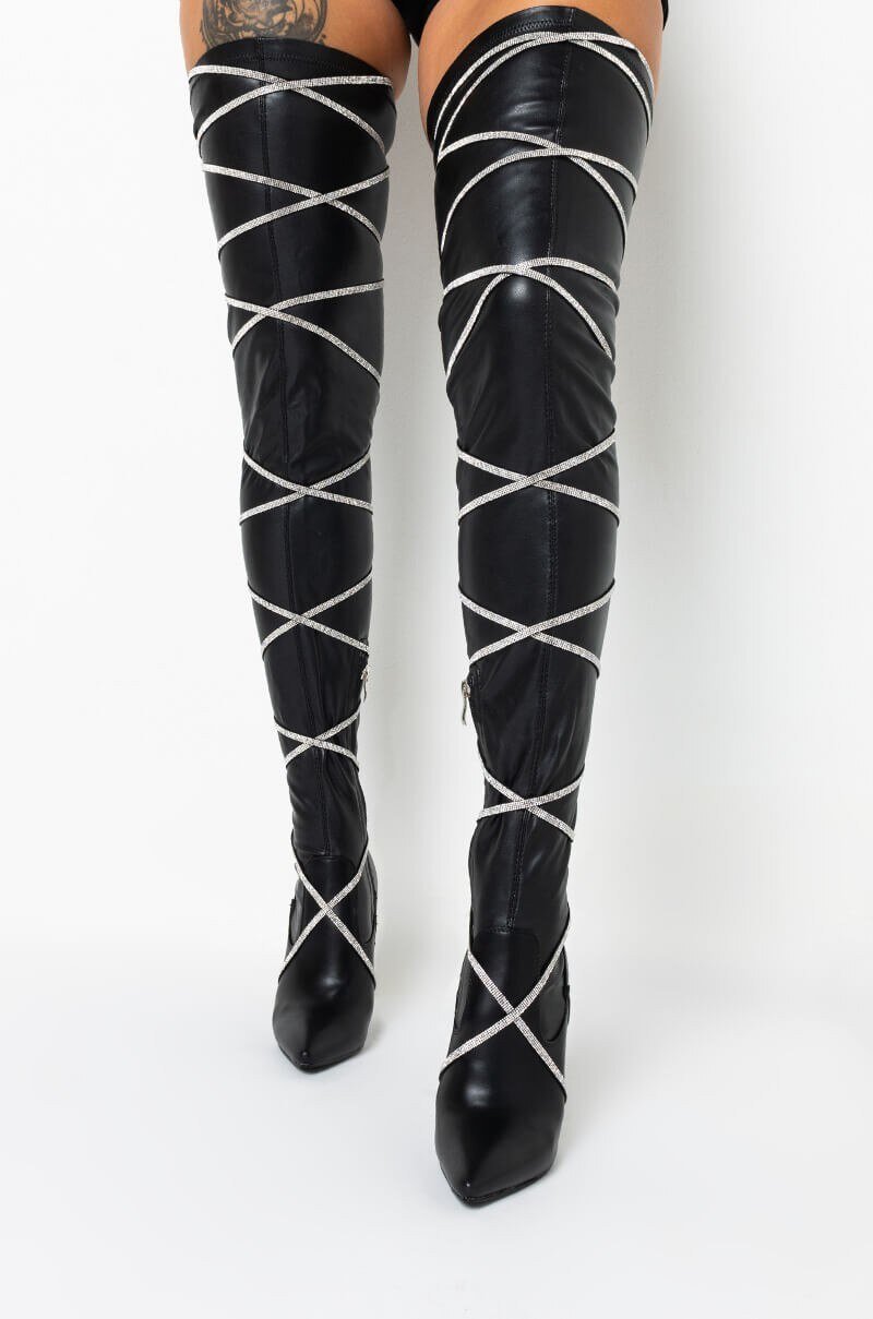 New Diamond Cross - Tied Pointed Toe Over knee Boots - LiveTrendsX