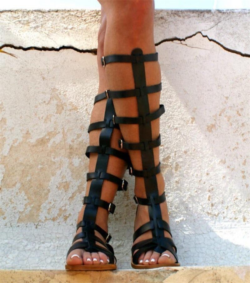 New Roman T Strap Gladiator Knee High Sandals Casual Flat Shoes - LiveTrendsX
