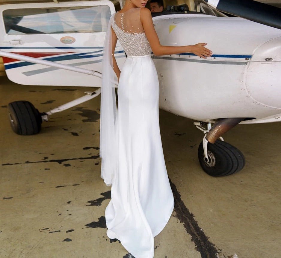 O - Neck A - Line Sleeveless Sweep Train Button Back Bridal Gown - LiveTrendsX