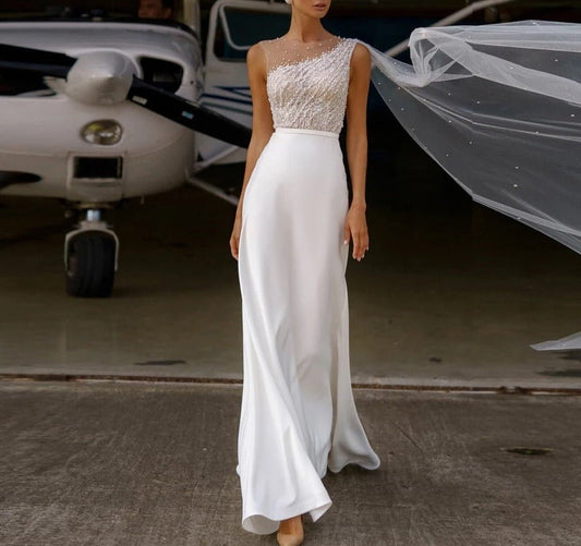 O - Neck A - Line Sleeveless Sweep Train Button Back Bridal Gown - LiveTrendsX