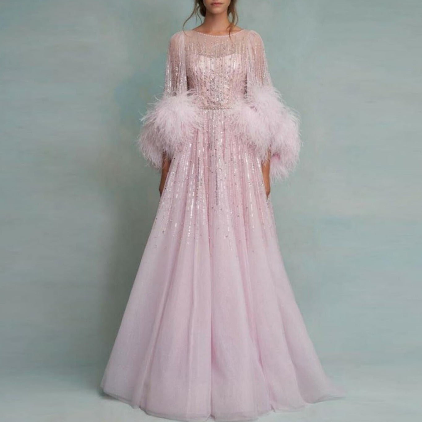 O - Neck A - line Women Pink Long Sleeve With Feathers Prom Gown - LiveTrendsX
